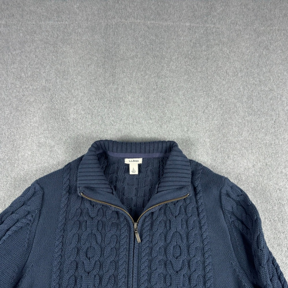 LL Bean Cable Knit Sweater Womens L Blue Mock Neck Full Zip Cotton